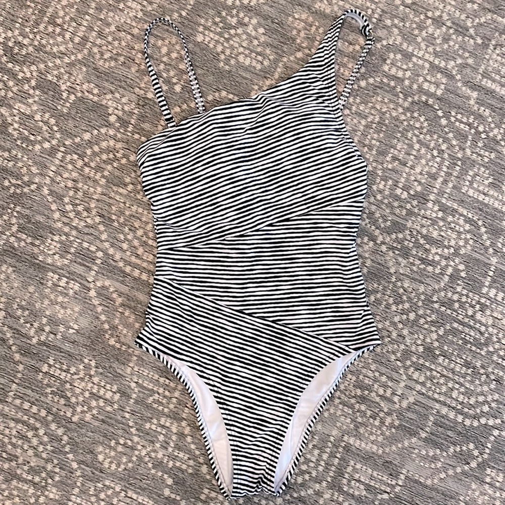 Black and white striped one piece